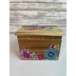 Pioneer Woman Breezy Blossom Acacia Wood Recipe Card Box. Used.